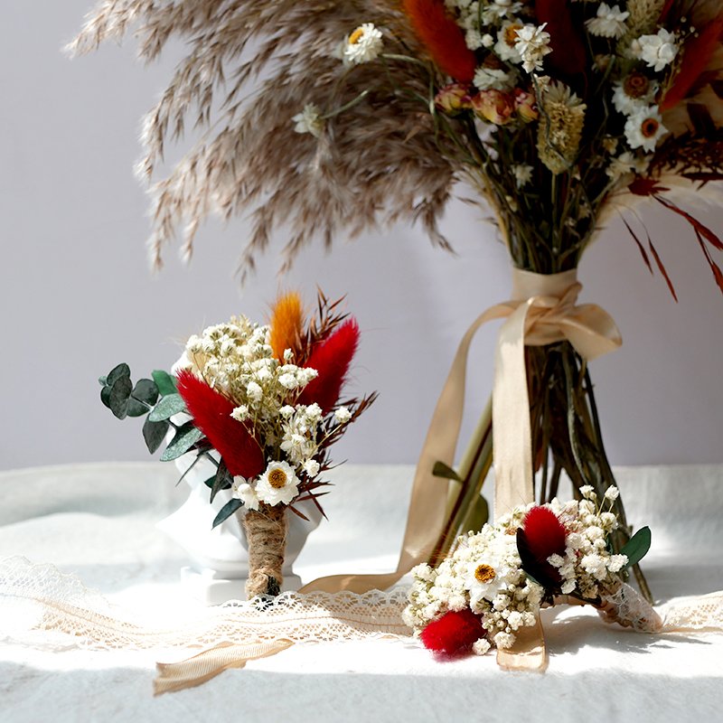 Dried Flowers Bridal Bouquet Corsage Boho Wedding Burnt Orange Preserved Dry Baby's Breath Flowers Real Dried Flower Bouquet