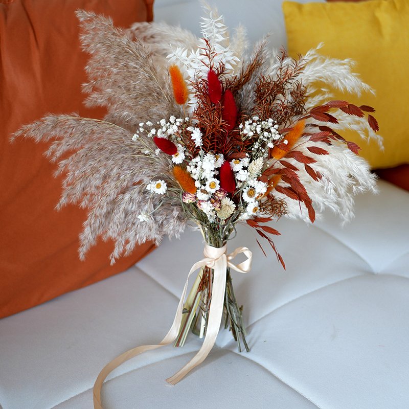 Dried Flowers Bridal Bouquet Corsage Boho Wedding Burnt Orange Preserved Dry Baby's Breath Flowers Real Dried Flower Bouquet