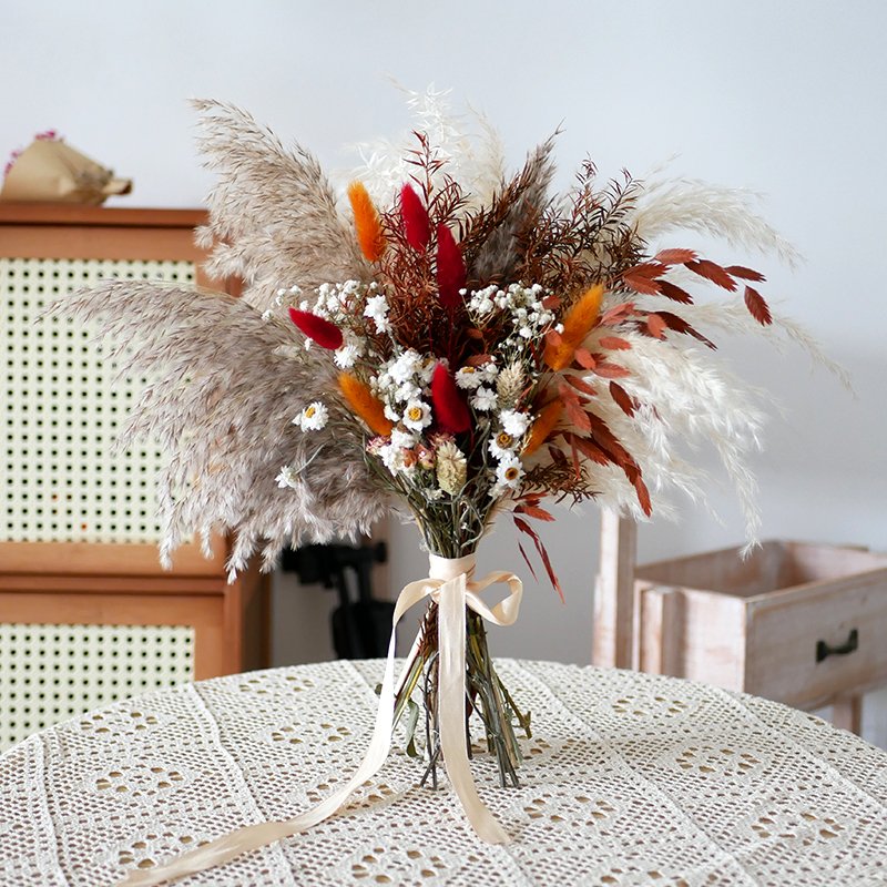 Dried Flowers Bridal Bouquet Corsage Boho Wedding Burnt Orange Preserved Dry Baby's Breath Flowers Real Dried Flower Bouquet