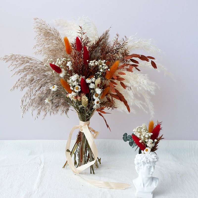Dried Flowers Bridal Bouquet Corsage Boho Wedding Burnt Orange Preserved Dry Baby's Breath Flowers Real Dried Flower Bouquet