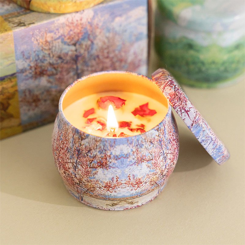 Luxury dried flower decoration soy wax scented candle aromatherapy gift home fragrance painting tin can jar scented candle set