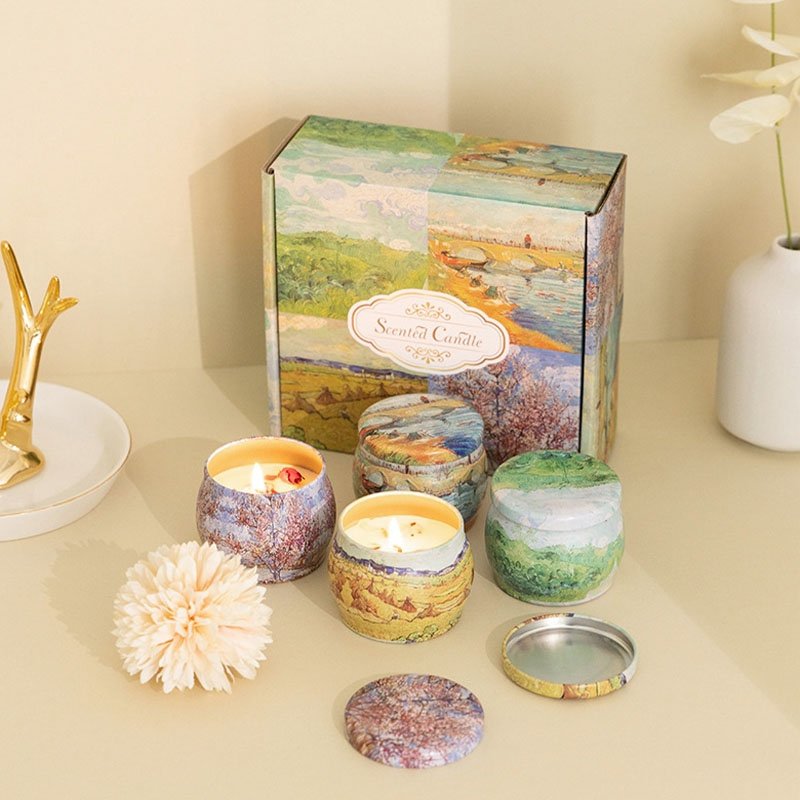 Luxury dried flower decoration soy wax scented candle aromatherapy gift home fragrance painting tin can jar scented candle set
