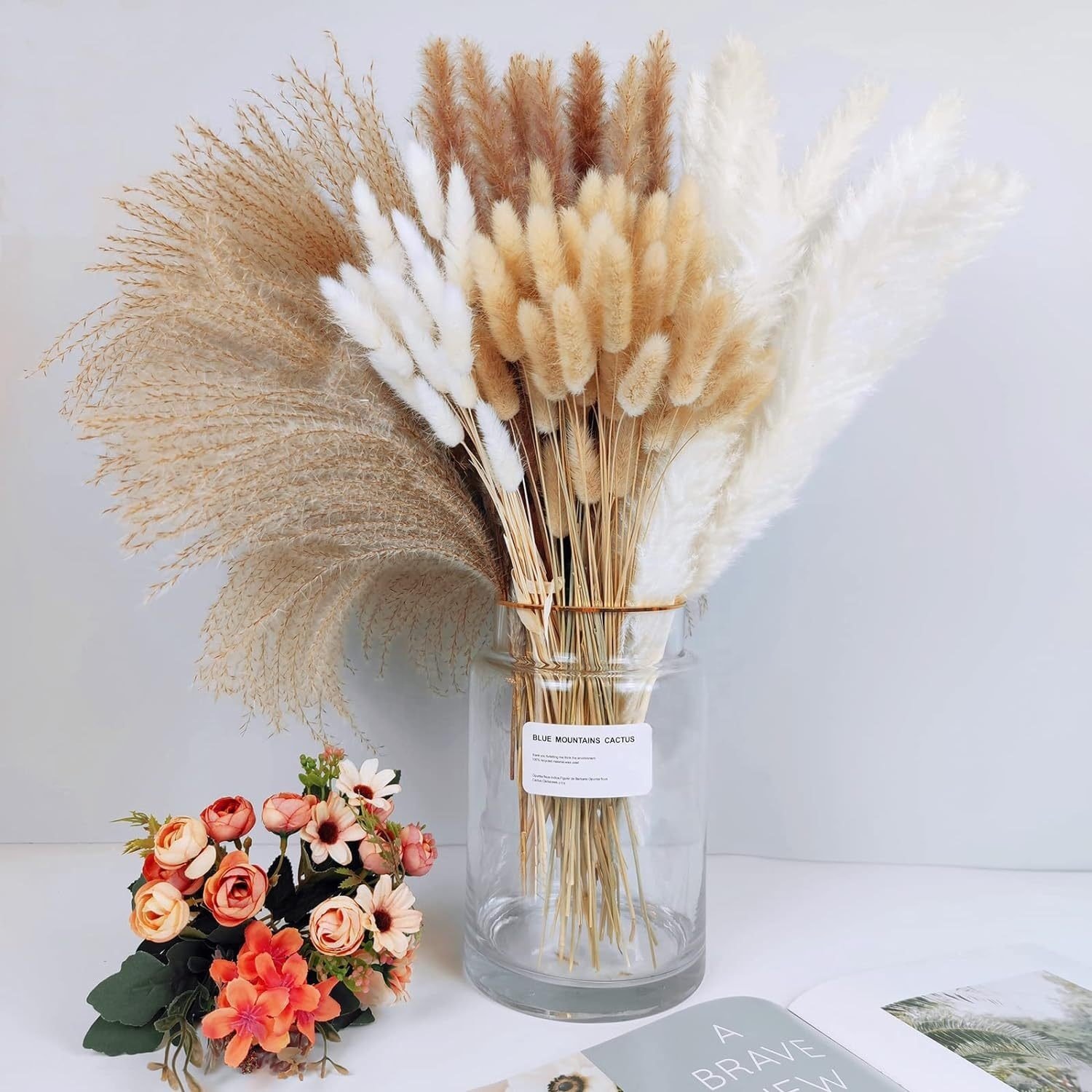 110 PCS Dried Pampas Grass Bouquet Boho Table Decor, Bunny Tails Dried Flowers Brown Pompas Grass for home wedding decoration