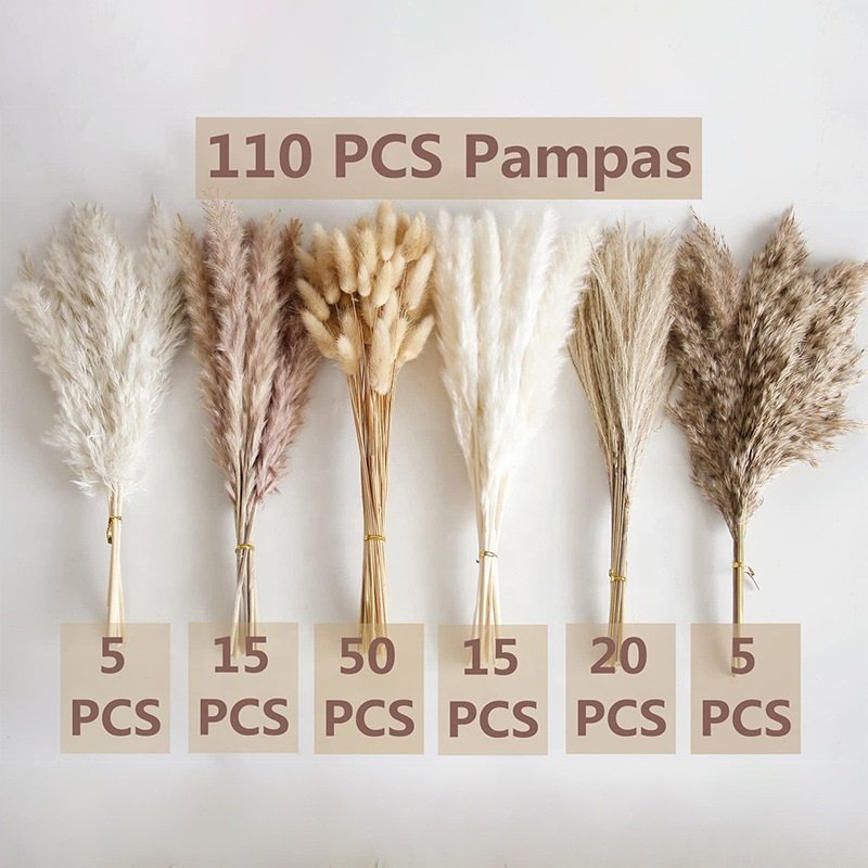 110 PCS Dried Pampas Grass Bouquet Boho Table Decor, Bunny Tails Dried Flowers Brown Pompas Grass for home wedding decoration