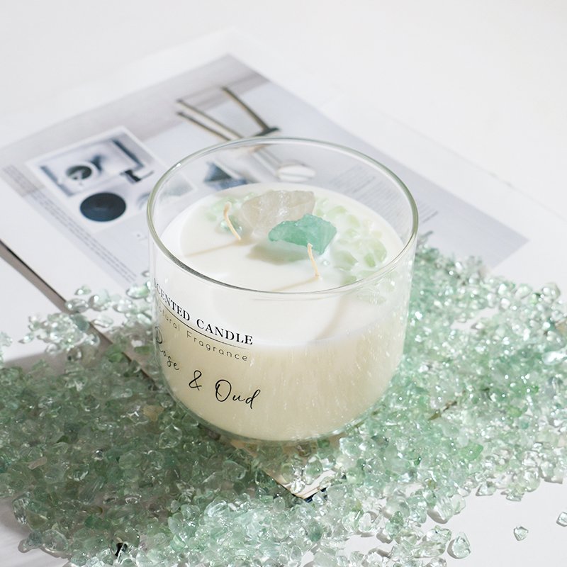 Custom Handmade Wooden Fragrance Chakra Candle Luxury Healing Gemstone Crystal Soy Wax Scented Candles with Dried Flower