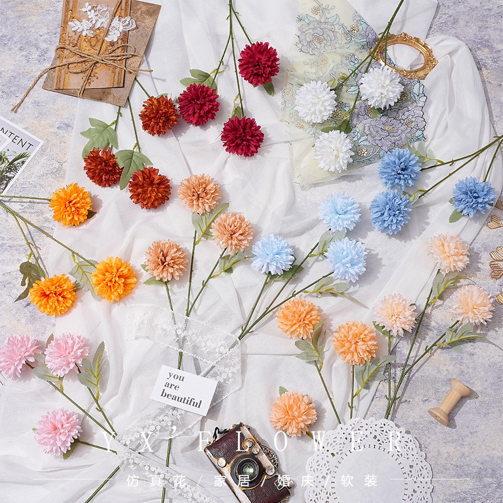 3 head pricking ball simulation flower 3 head chrysanthemum wedding silk flower decoration flower home decoration in stock props