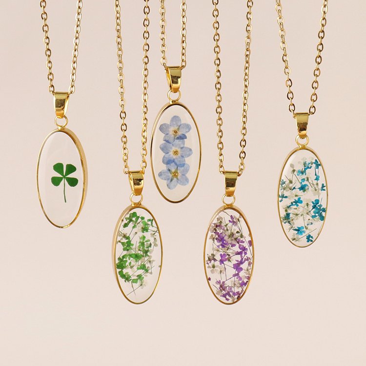 Popular Forget Me Not necklace Resin Necklace Dried Flower Oval Pressed Flower Necklace Jewelry for Women