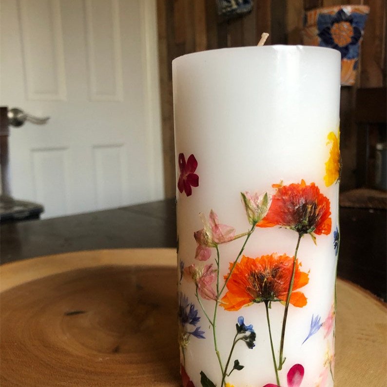 Huaming Romantic Rose Dried Flower Scented Pillar Candles Coloured Candle Wholesale Tall Crystal 3x6 inch Orange Pillar Candles