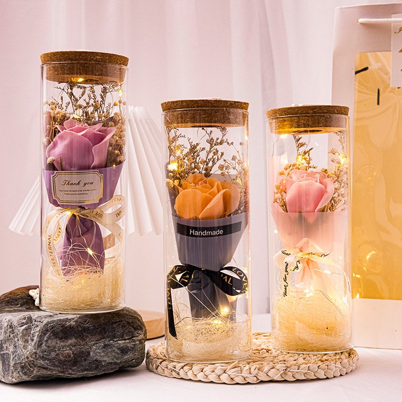 Valentine's Day Gift Glass Flower Cover Drid Baby Breath Sunflower Mini Dried Flower Bouquet With Light