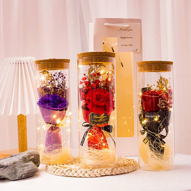 Valentine's Day Gift Glass Flower Cover Drid Baby Breath Sunflower Mini Dried Flower Bouquet With Light