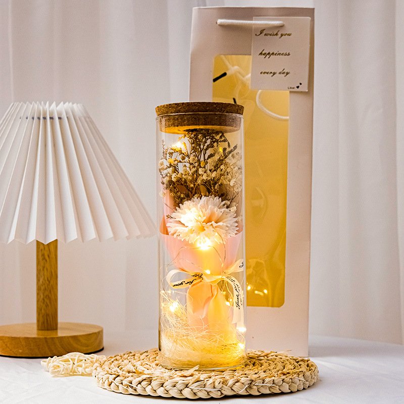 Valentine's Day Gift Glass Flower Cover Drid Baby Breath Sunflower Mini Dried Flower Bouquet With Light