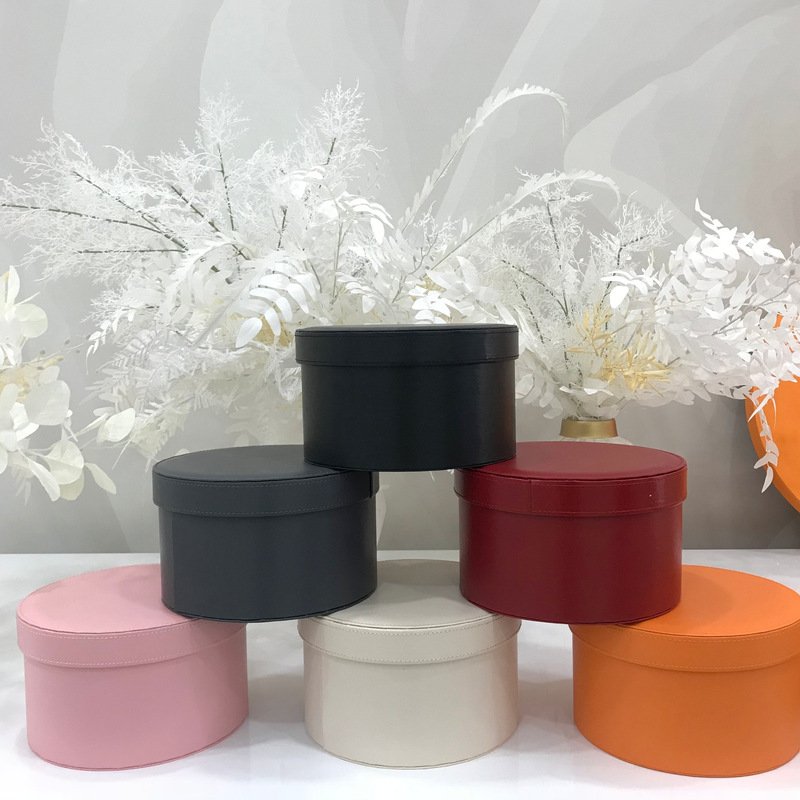 Hot Sale Gift Packaging Round Leather Flower Packaging Flower Arrangement Flower Gift Box with Lid
