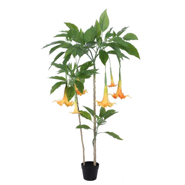 Decorative PU Real Touch Artificial Datura Trumpet Flower plant in pot