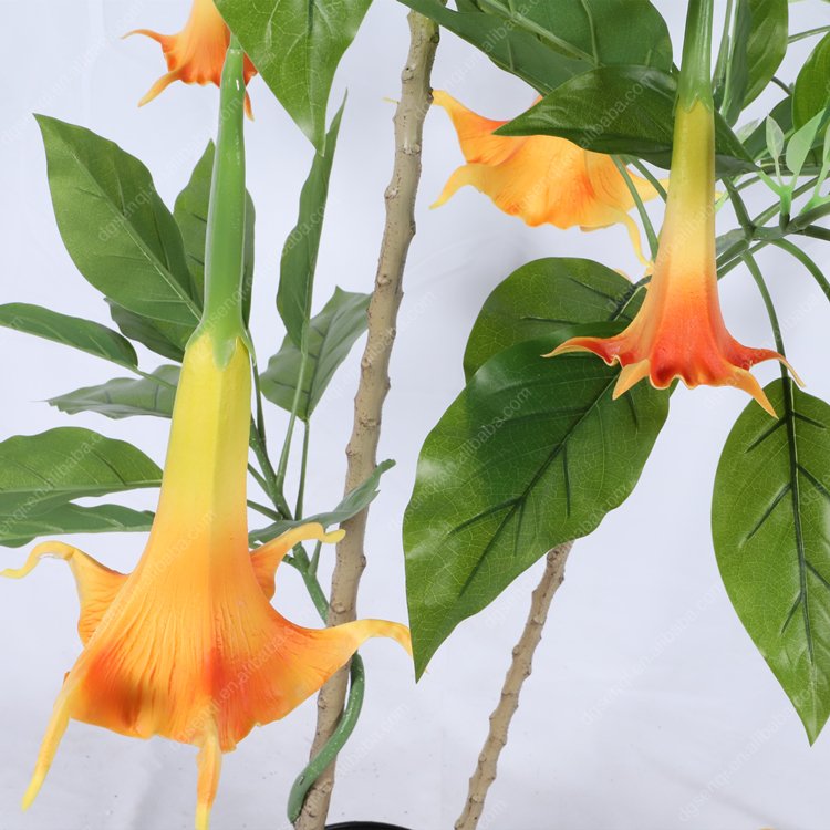 Decorative PU Real Touch Artificial Datura Trumpet Flower plant in pot