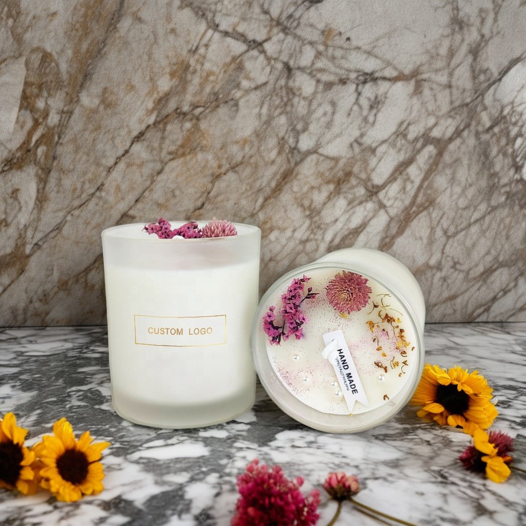 Custom Private Label hand-made dried flower scented candles in frosted glasses