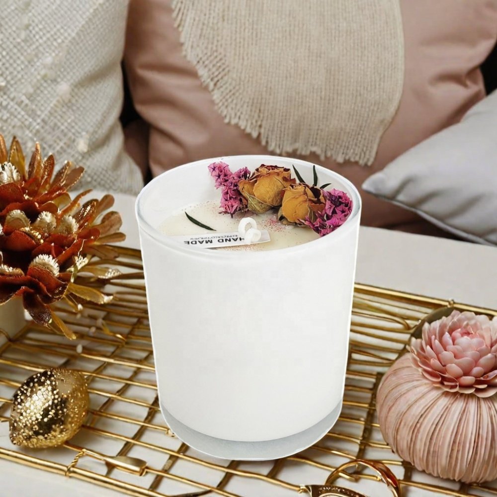 Custom Private Label hand-made dried flower scented candles in frosted glasses