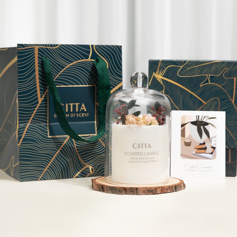 Hot Selling Valentines Wedding Luxury Package Aromatic Dried Flower Scented Candle Gift Sets With Glass Cover and Wooden Tray