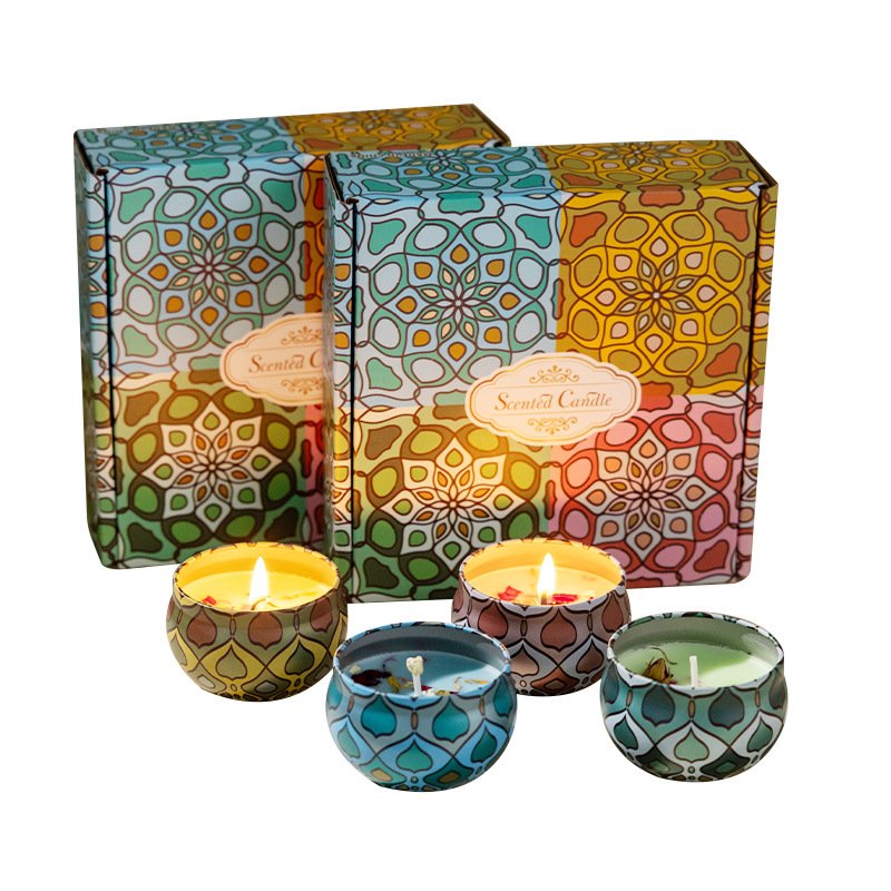 Luxury Wedding Gift 4Pcs Essential Oil Candle Custom Metal Tin Perfumed Soy Wax Scented Candle Gift Set