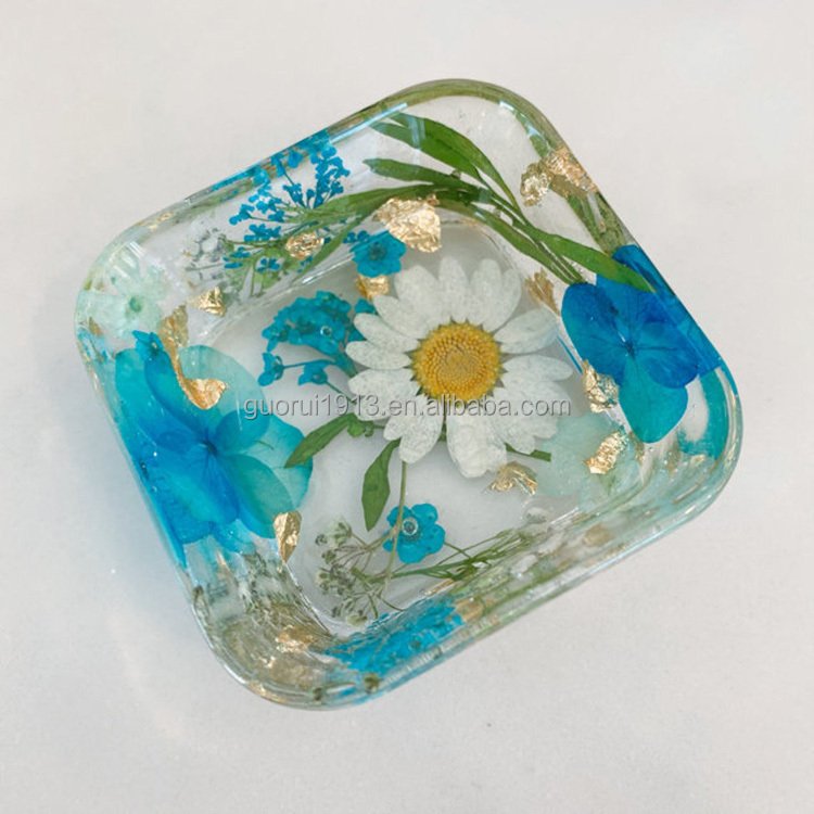 Handmade Square Real Dried Pressed Flower Resin Plate Coaster Trays Keys Jewelry Storage Ornaments Tray