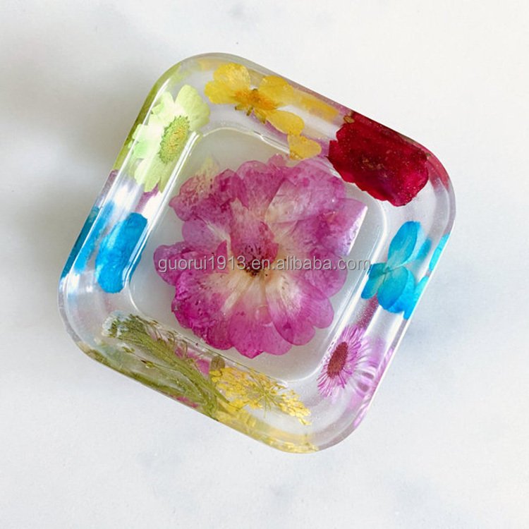 Handmade Square Real Dried Pressed Flower Resin Plate Coaster Trays Keys Jewelry Storage Ornaments Tray