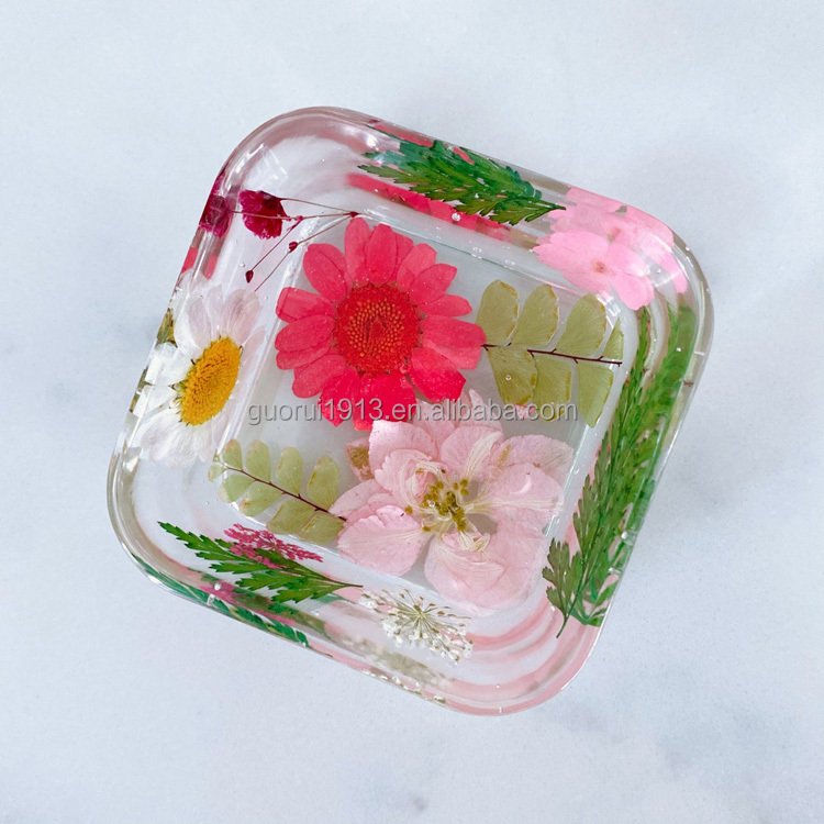 Handmade Square Real Dried Pressed Flower Resin Plate Coaster Trays Keys Jewelry Storage Ornaments Tray