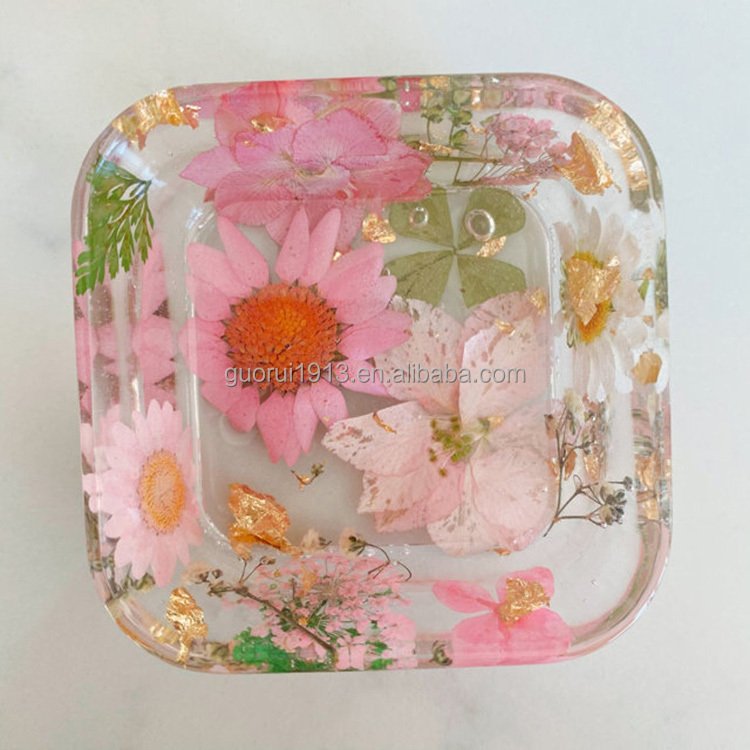 Handmade Square Real Dried Pressed Flower Resin Plate Coaster Trays Keys Jewelry Storage Ornaments Tray