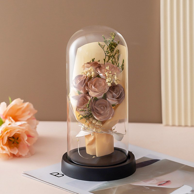 Valentine's Day Gift Dried Baby Breath Soap rose flower Bouquet Glass Cover Rose Flower In Glass with Led Light