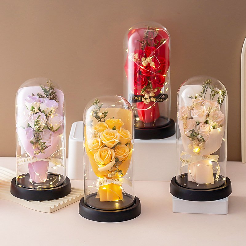 Valentine's Day Gift Dried Baby Breath Soap rose flower Bouquet Glass Cover Rose Flower In Glass with Led Light