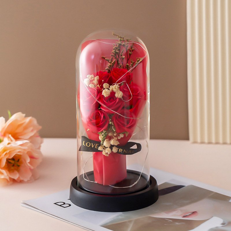 Valentine's Day Gift Dried Baby Breath Soap rose flower Bouquet Glass Cover Rose Flower In Glass with Led Light