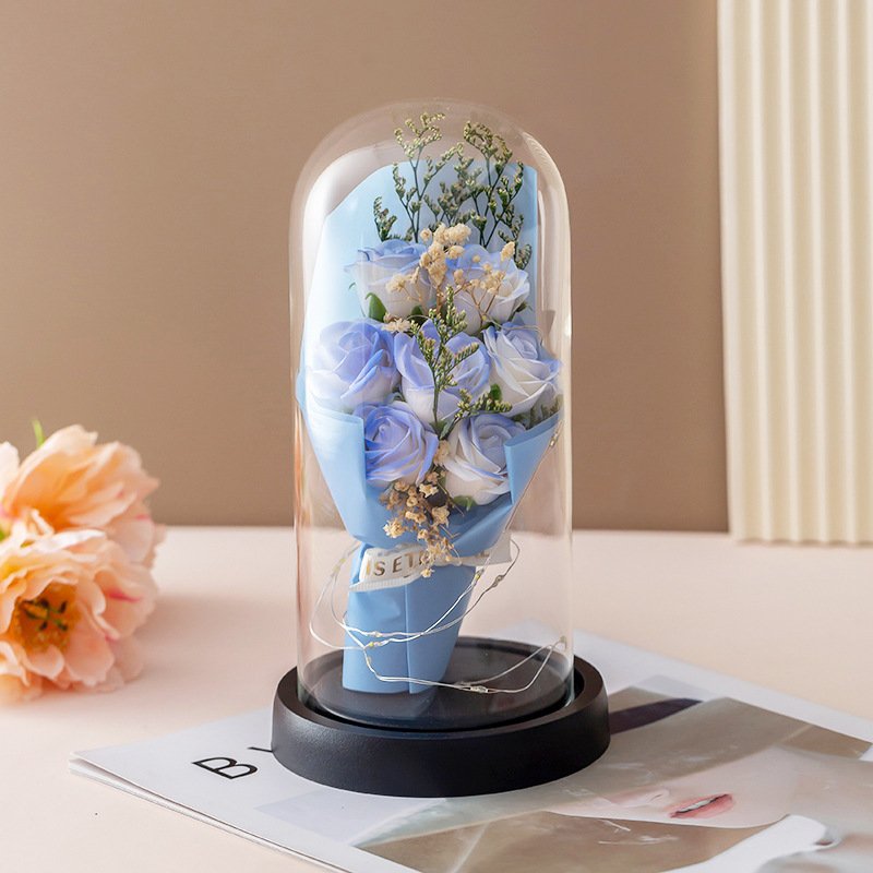 Valentine's Day Gift Dried Baby Breath Soap rose flower Bouquet Glass Cover Rose Flower In Glass with Led Light