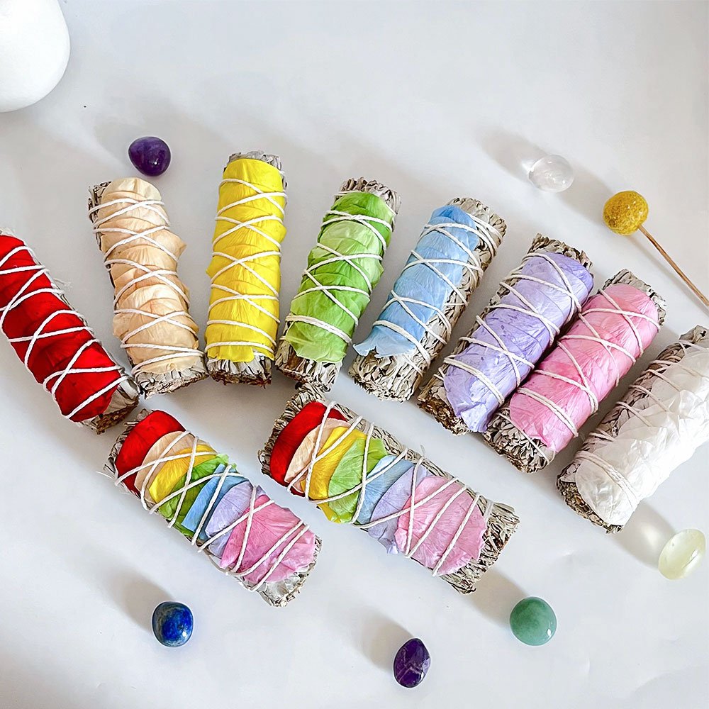 7 Chakra Rose Petals Organic White Sage Smudge Sticks Blue Sage Wand Bundle With Flowers Smudging Kit For Love