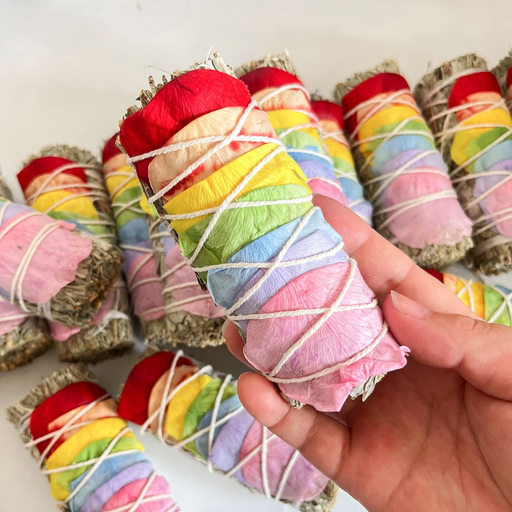 7 Chakra Rose Petals Organic White Sage Smudge Sticks Blue Sage Wand Bundle With Flowers Smudging Kit For Love