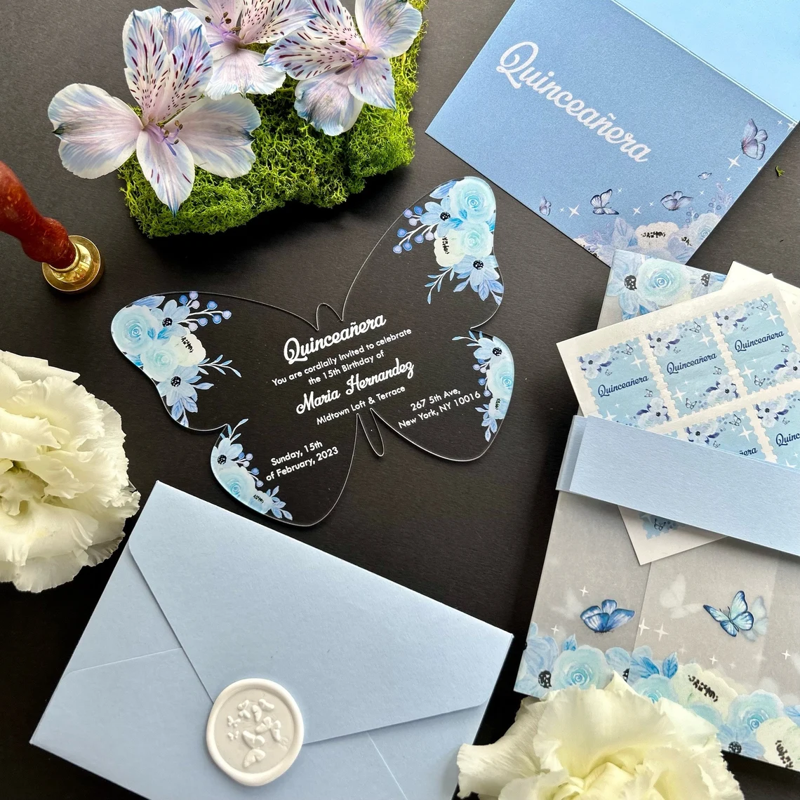 wholesale Customizable transparent plexi laser cut sweet 16 Quinceanera Floral printing butterfly Acrylic invitation card