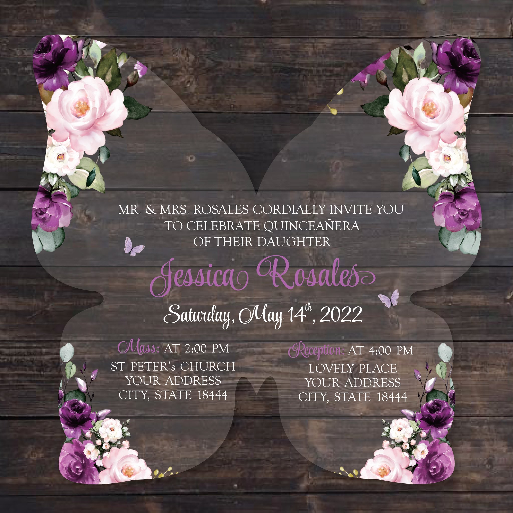 wholesale Customizable transparent plexi laser cut sweet 16 Quinceanera Floral printing butterfly Acrylic invitation card