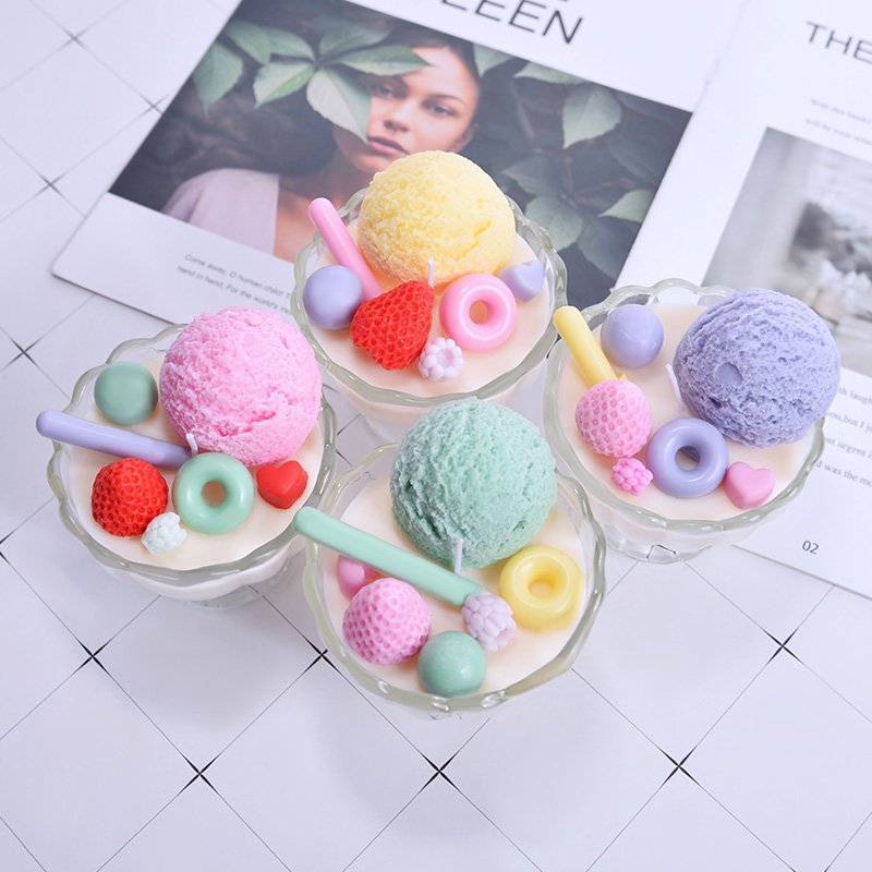 KWECO Vegan Fruit Smell Handmade Soy Wax Scented Ice Cream Food Candle With Glass Bowl Containers
