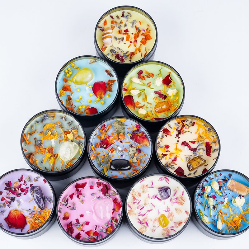 Home Decor Candle Round Black Tin Dried Flower Aromatherapy Soy Wax Fragrance Scented Candles