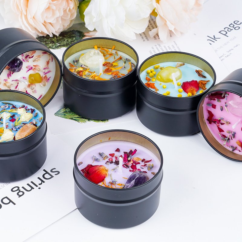 Home Decor Candle Round Black Tin Dried Flower Aromatherapy Soy Wax Fragrance Scented Candles