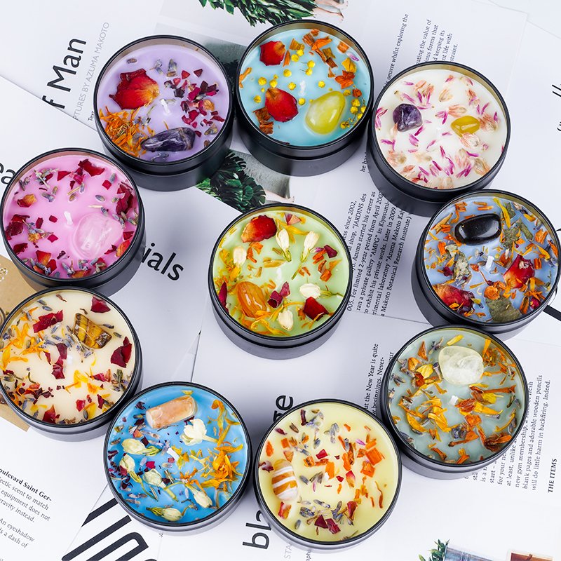 Home Decor Candle Round Black Tin Dried Flower Aromatherapy Soy Wax Fragrance Scented Candles