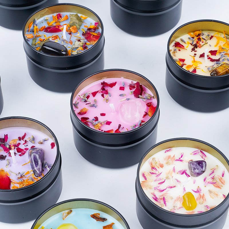 Home Decor Candle Round Black Tin Dried Flower Aromatherapy Soy Wax Fragrance Scented Candles