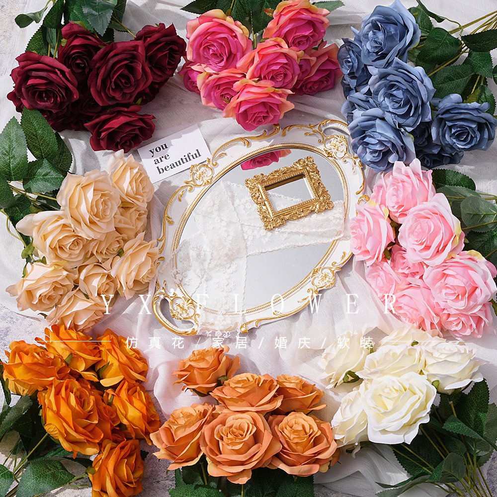 Simulation 9 head rose European autumn rose wedding flower arrangement decorative props simulation flower retro foreign trade
