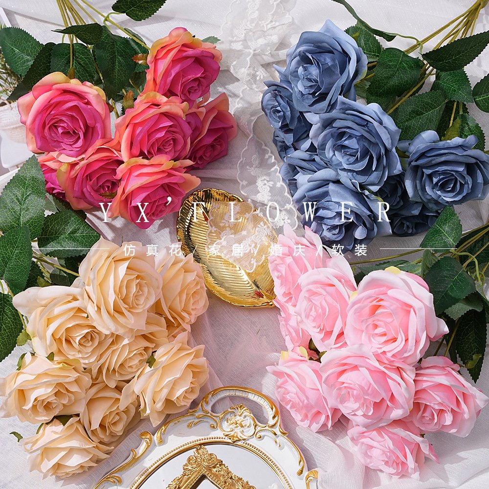 Simulation 9 head rose European autumn rose wedding flower arrangement decorative props simulation flower retro foreign trade