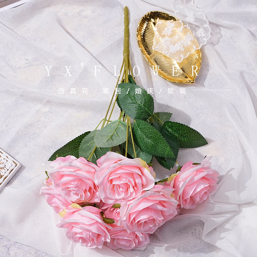 Simulation 9 head rose European autumn rose wedding flower arrangement decorative props simulation flower retro foreign trade