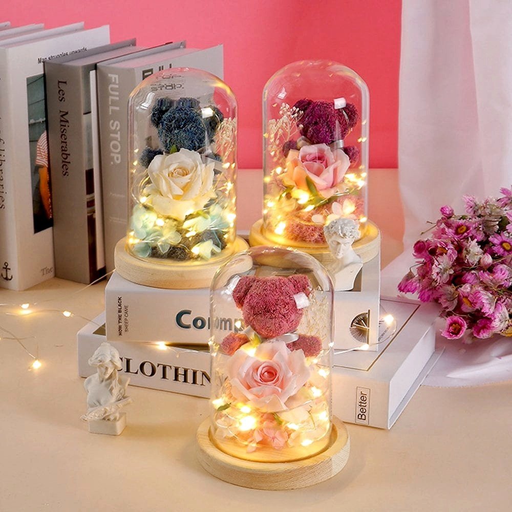 Hot Selling Creative Decoration Moss Rose Glass Cover Bear Eternal Flower For Girlfriend Birthday Gift