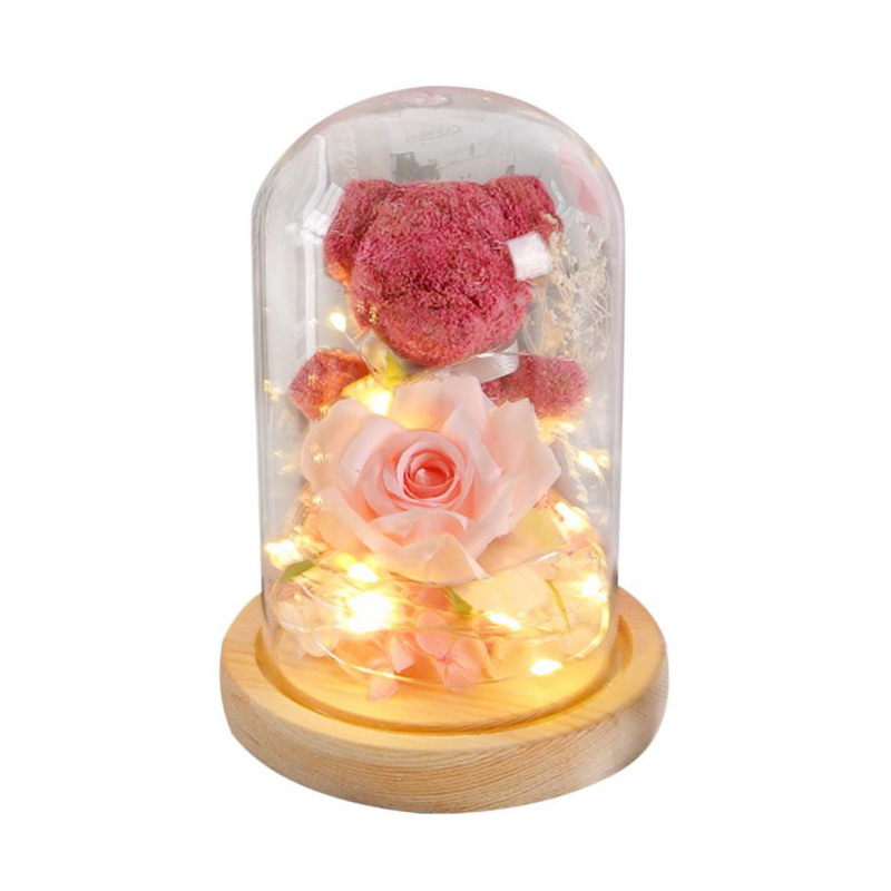 Hot Selling Creative Decoration Moss Rose Glass Cover Bear Eternal Flower For Girlfriend Birthday Gift