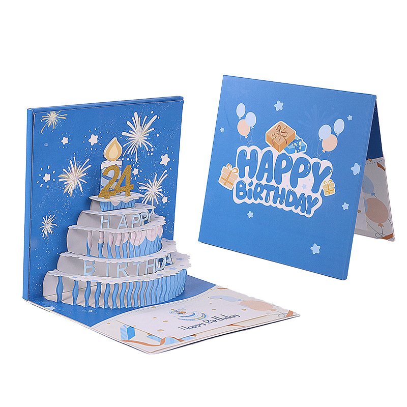 Creative new 90 degree birthday fireworks with music 3D three-dimensional cake greeting card blowing candle folding card wholesa