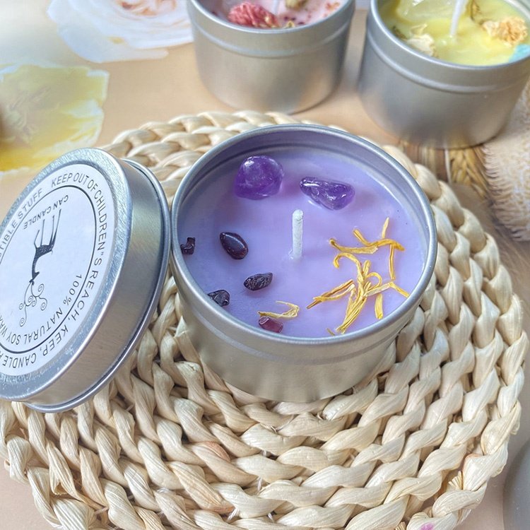 Multi-Colors Healing Stone Dried Flower Soy Wax Crystal Handmade Gemstone Silver Iron Tin Scented Candles With Lid