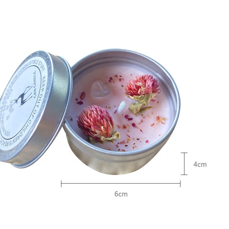 Multi-Colors Healing Stone Dried Flower Soy Wax Crystal Handmade Gemstone Silver Iron Tin Scented Candles With Lid