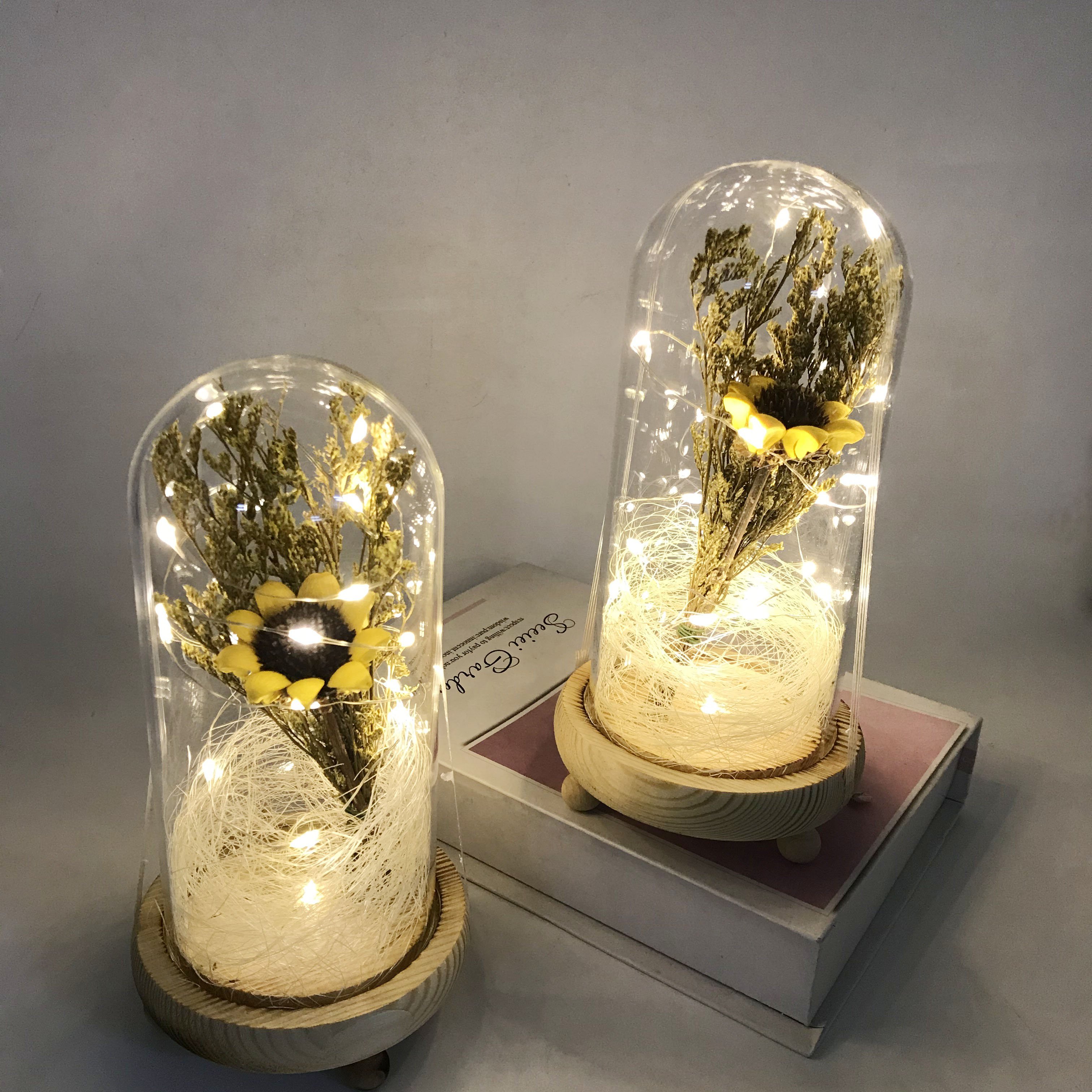 New Valentine's Day Glass Dome Artificial Dried Sunflower Decorative Flower Gift Packaging