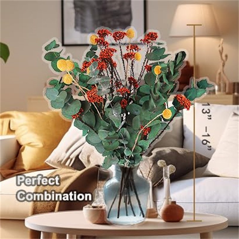 2023 A Grade Natural Preserved Eucalyptus Mix Bouquet, 16" Real Eucalyptus Stems with Dried Billy Balls & Yellow Millet Flowers
