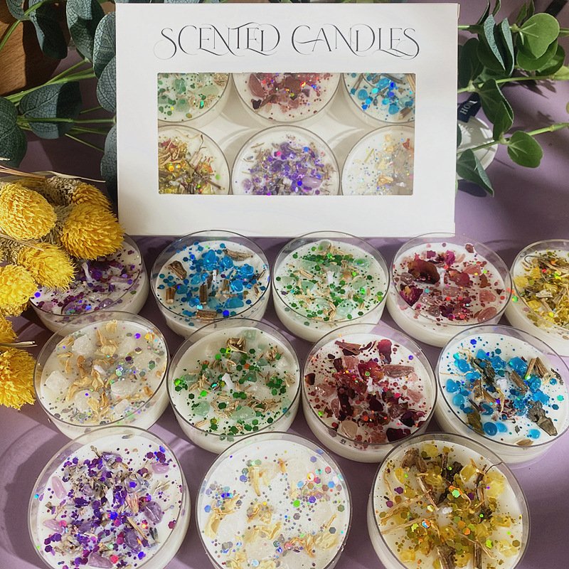 Scented Candle Gift Set with Colored Sequins & Indoor Dried Flowers Soybean Wax & Beeswax in Pillar and Heart Shapes for Bars
